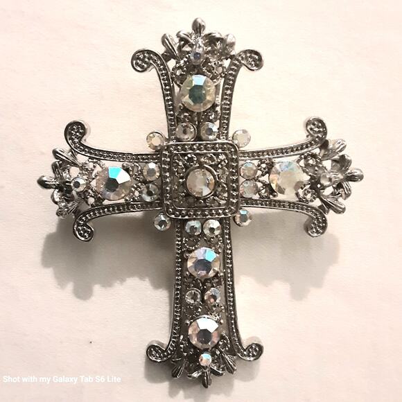 Ornate Silver Tone Cross Pendant Aurora Borealis Rhinestones - Picture 1 of 11